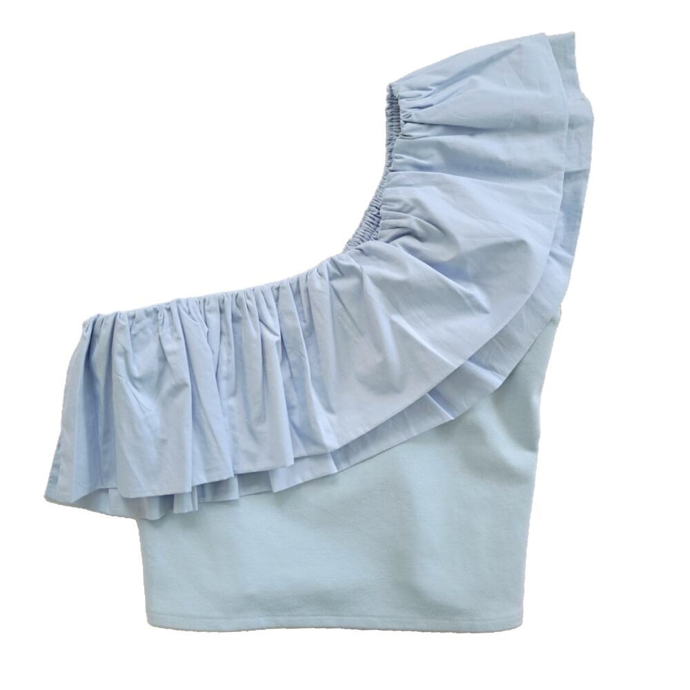 NEW Anthropologie Sunday Brooklyn Ruffled One-Shoulder Crop Top Small Sky Blue - Picture 7 of 9